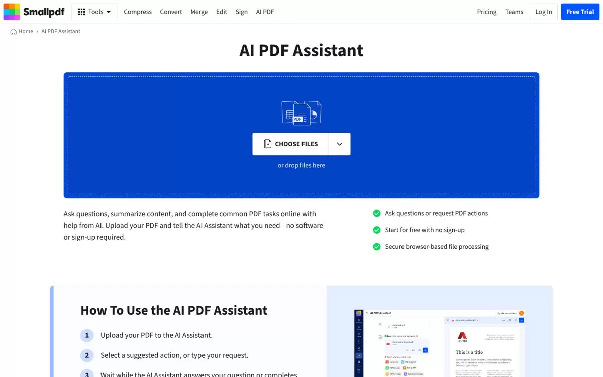 Smallpdf AI PDF Assistant upload page, an AI PDF summarizer that works in the browser, one of the best AI PDF summarizers