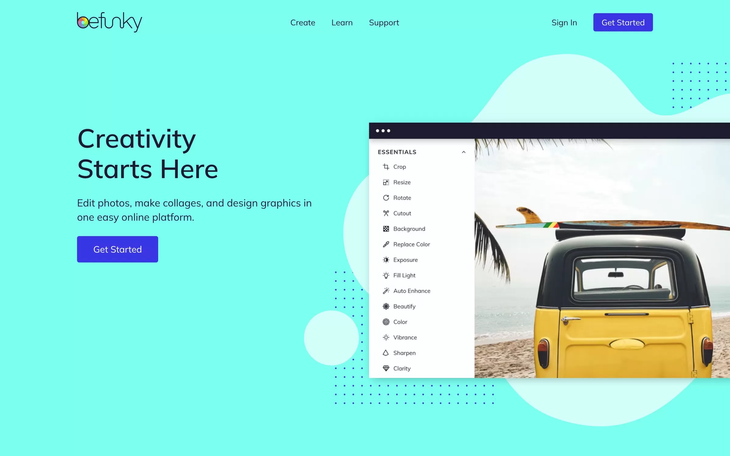 BeFunky homepage with an online photo editor, one of the best AI photo editors for beginners