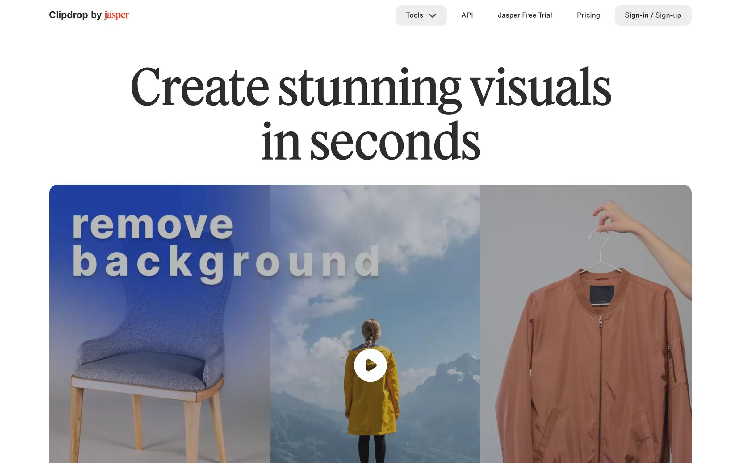 Clipdrop homepage showing remove background, a tool from one of the best AI photo editors