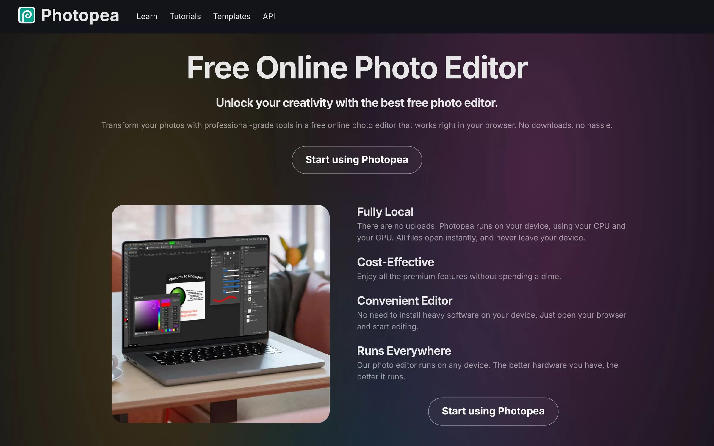 Photopea free online photo editor, one of the best AI photo editors with PSD support