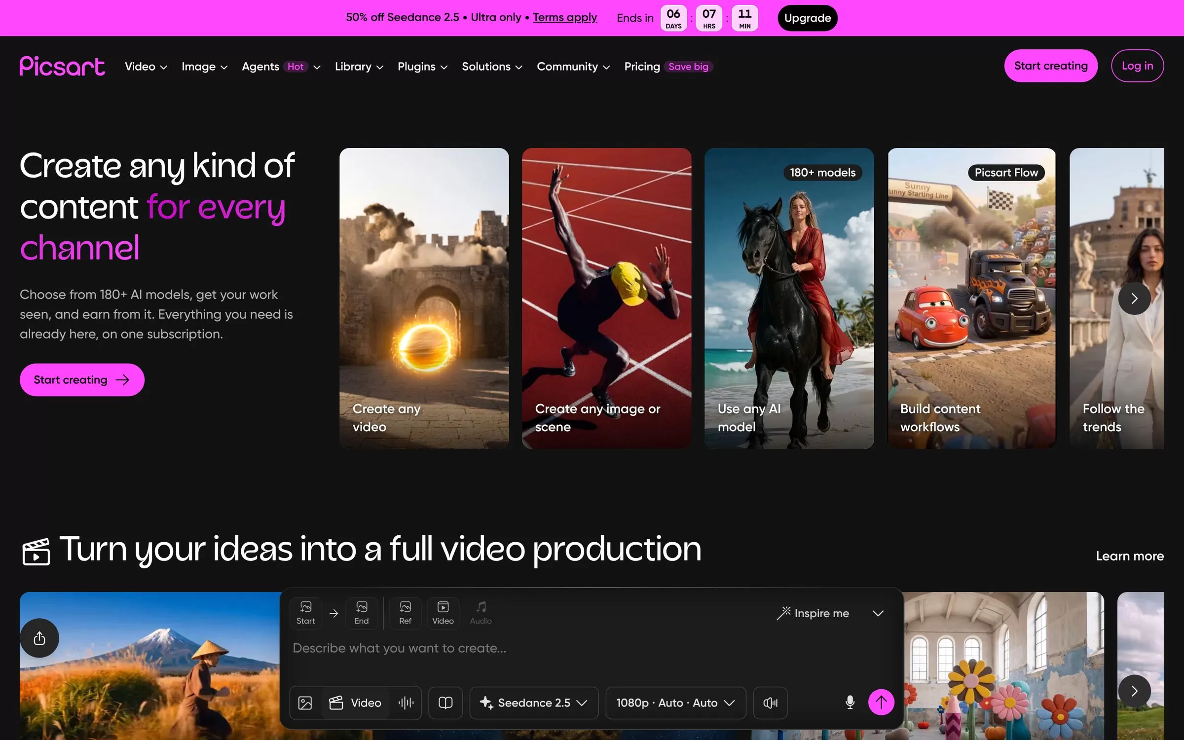 Picsart homepage showing AI image and video creation, one of the best AI photo editors for creators