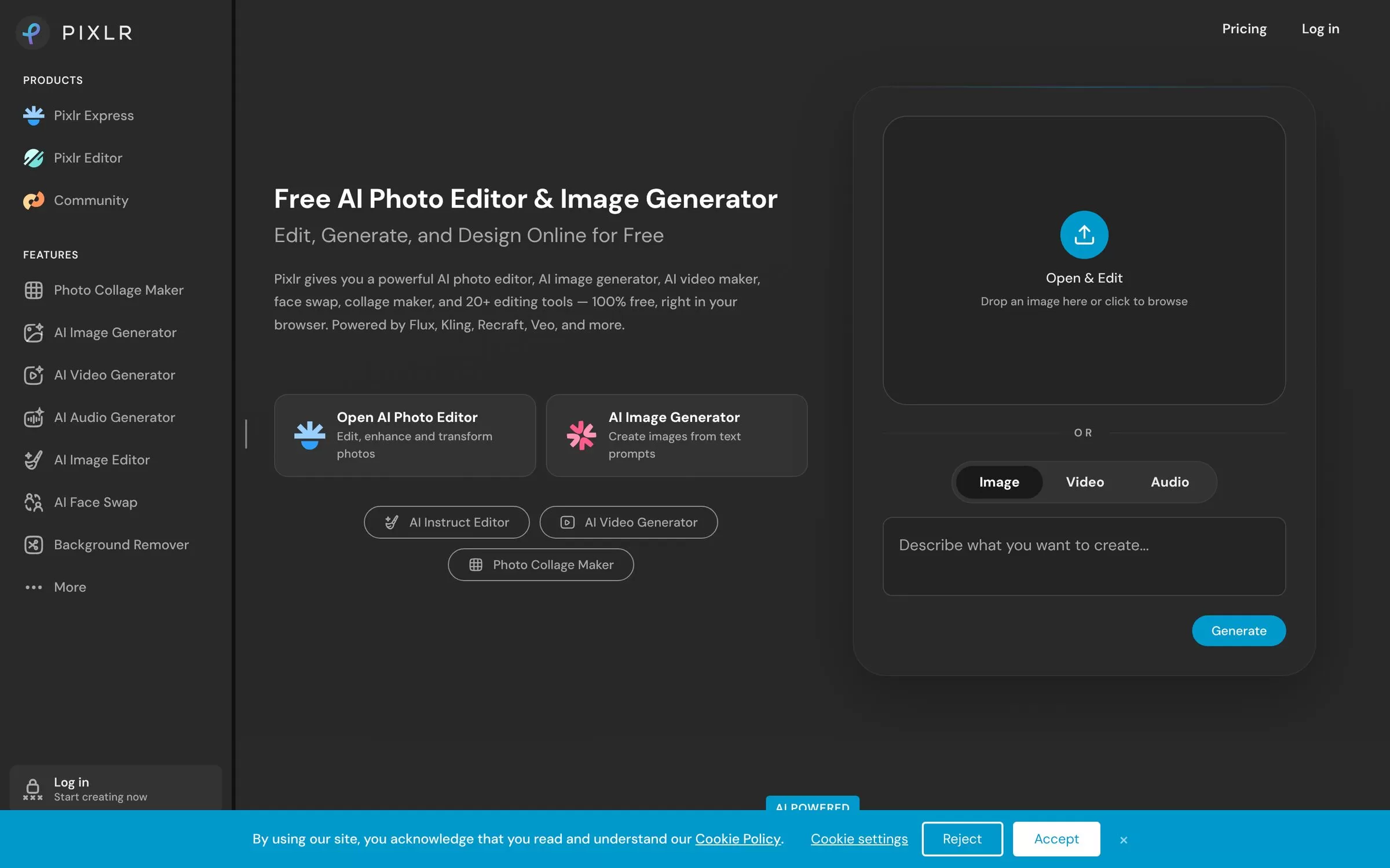 Pixlr homepage showing a free AI photo editor in the browser, one of the best AI photo editors