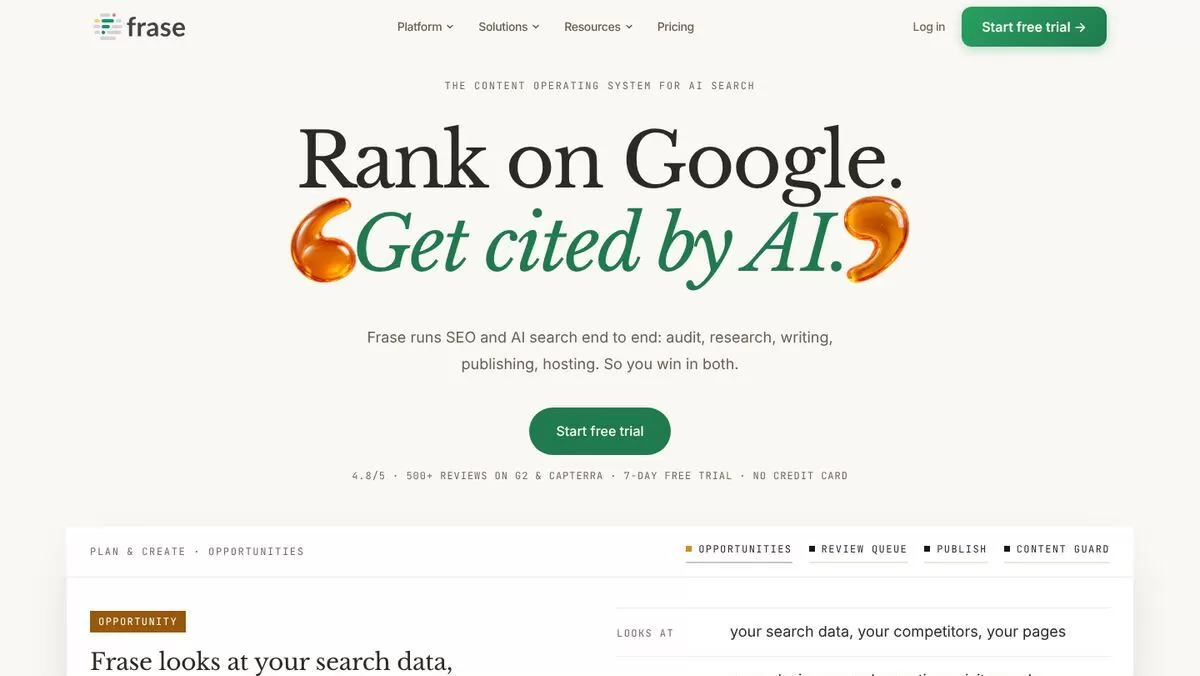 Frase https://www.frase.io/pricing, one of the best AI SEO tools