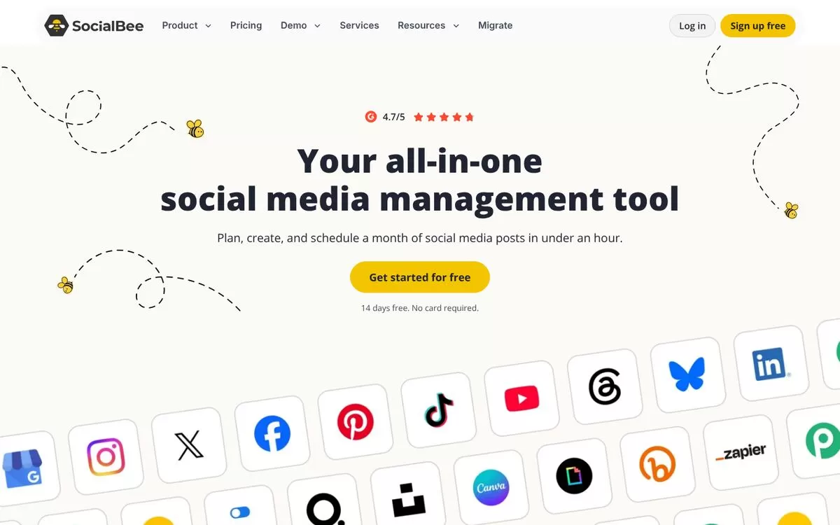 SocialBee homepage showing an all-in-one social media management tool, one of the best AI social media tools