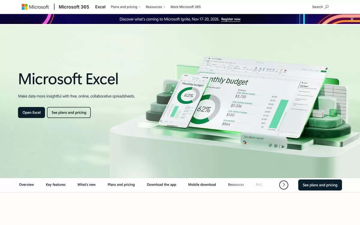 Microsoft Excel homepage, one of the AI tools for Excel with built-in Copilot