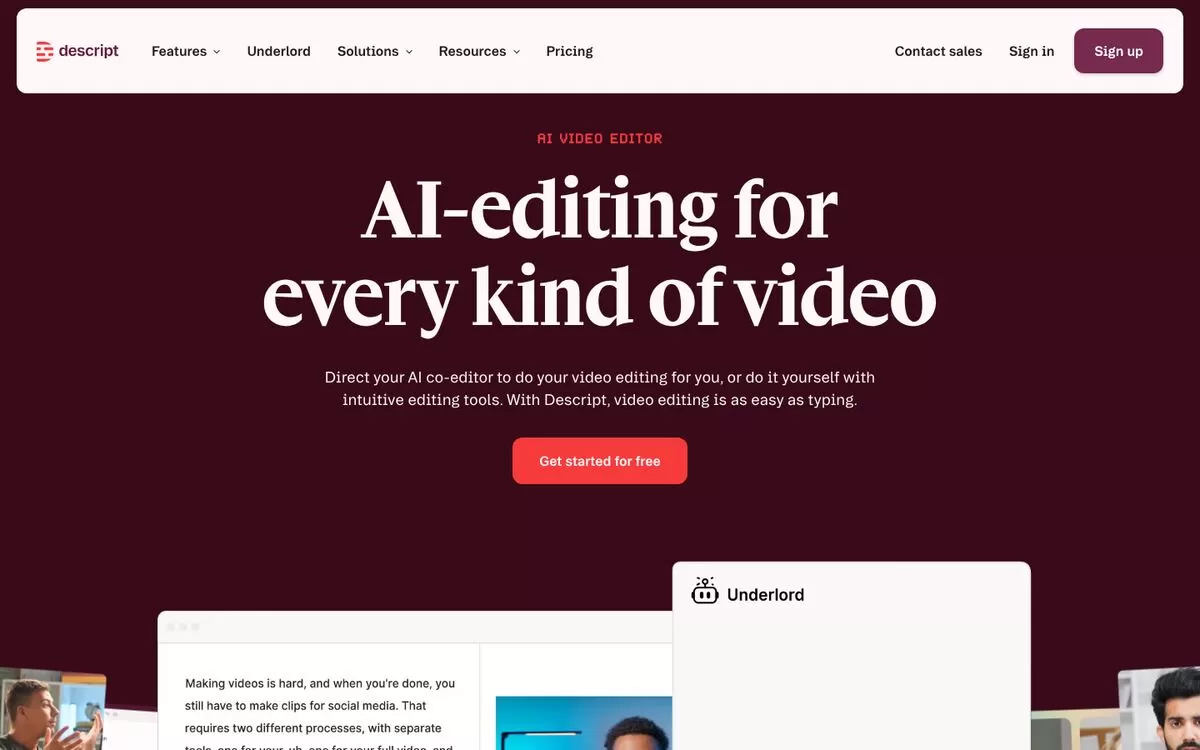 Descript homepage showing AI video editing, one of the best AI transcription tools