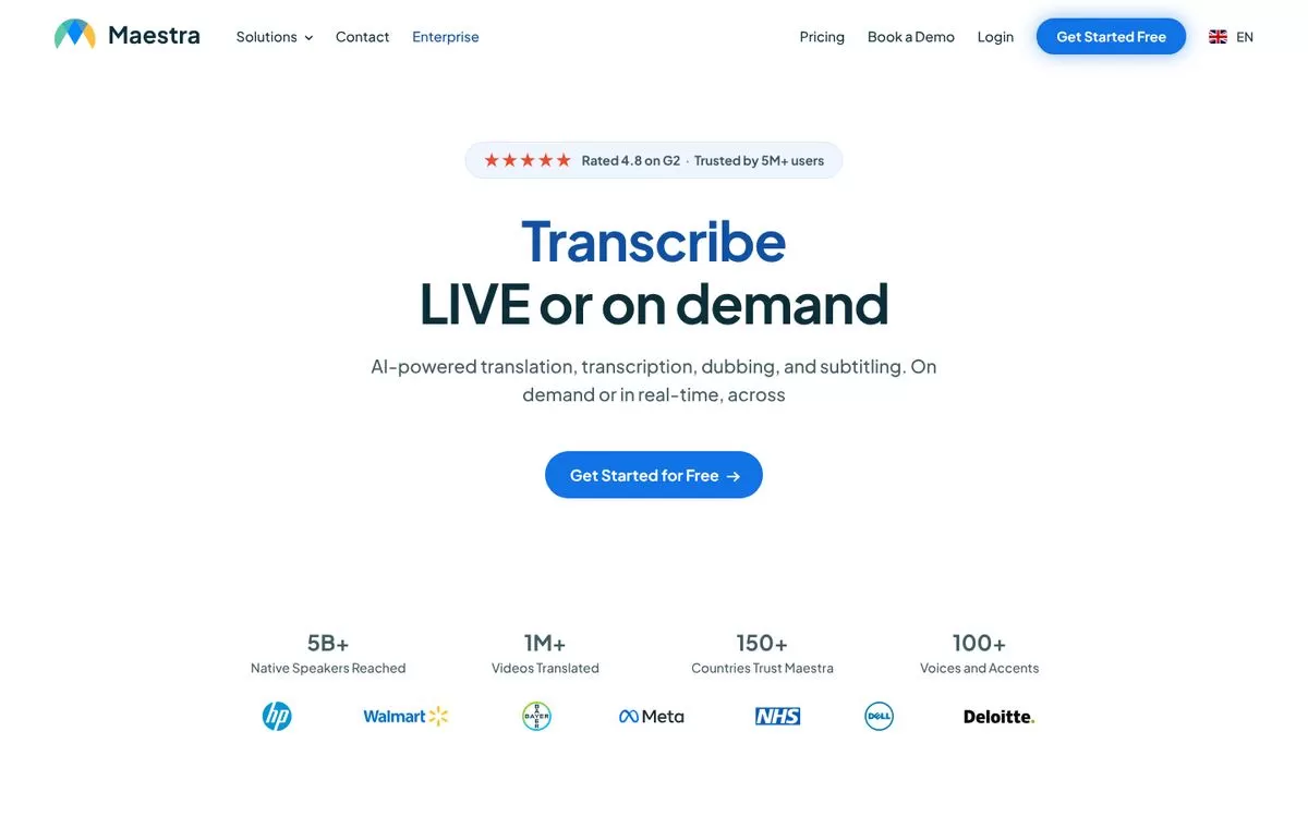 Maestra homepage showing AI transcription, one of the best AI transcription tools