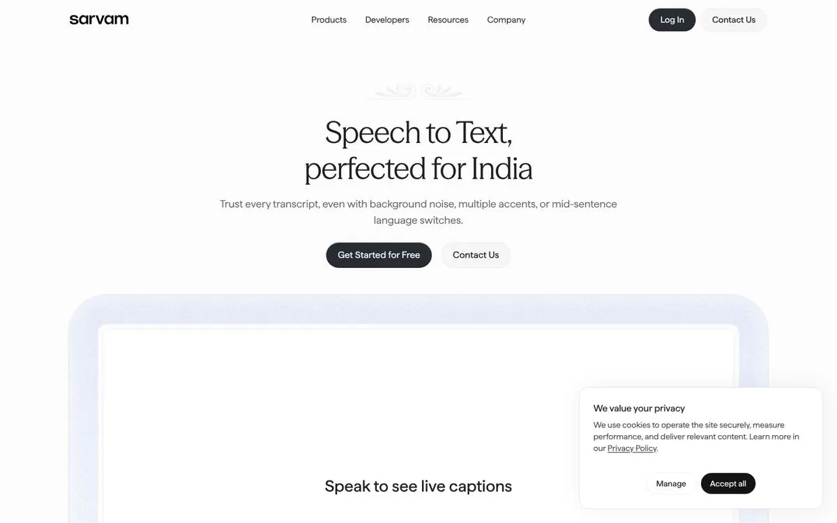 Sarvam AI speech to text page for India, one of the best AI transcription tools