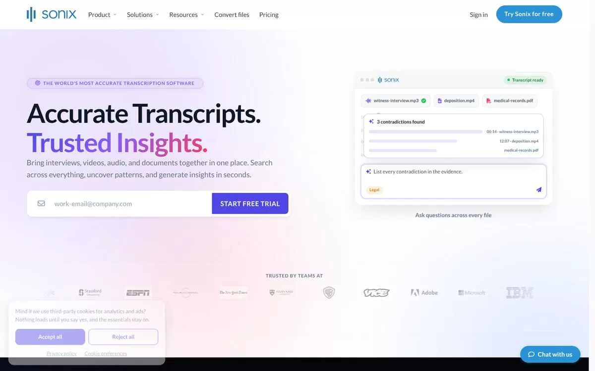 Sonix homepage showing accurate transcripts, one of the best AI transcription tools