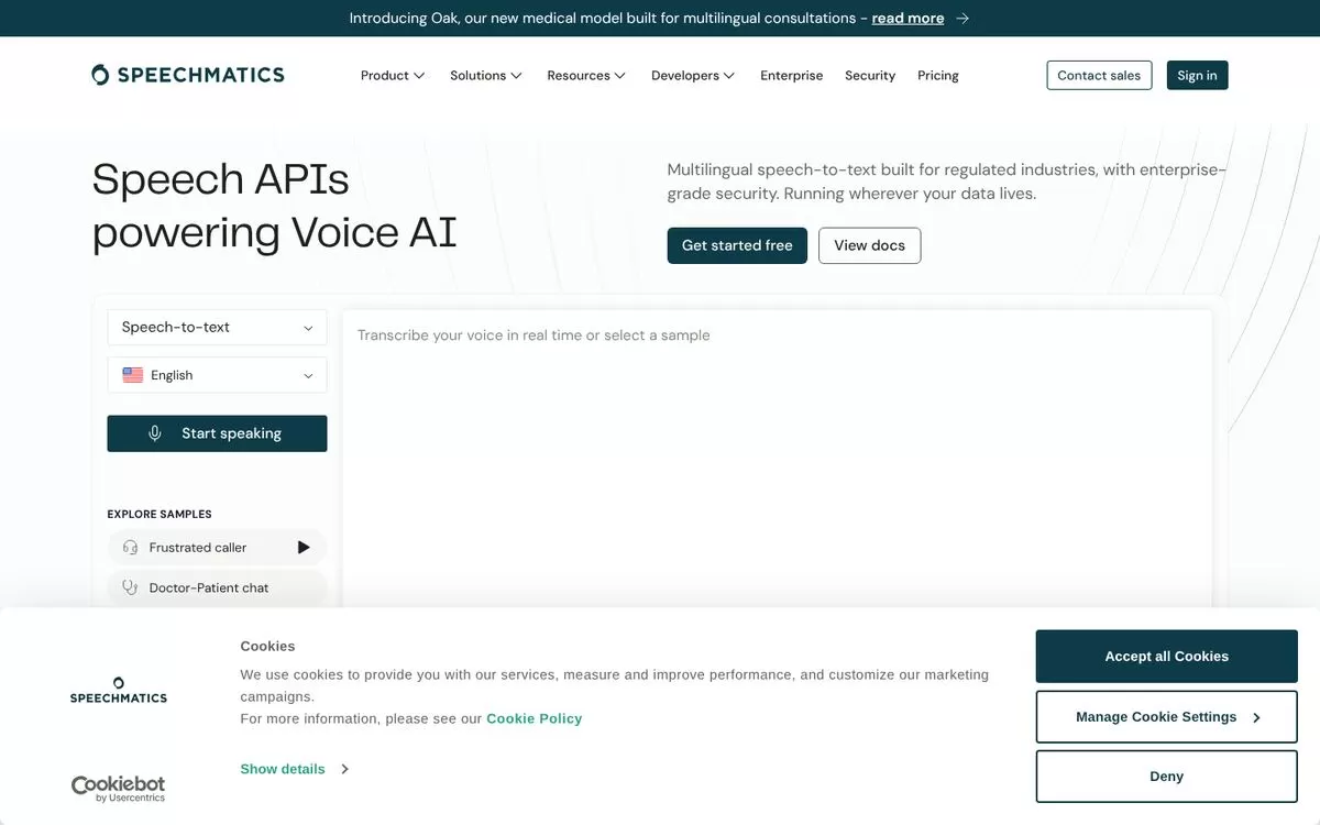 Speechmatics homepage showing speech APIs, one of the best AI transcription tools