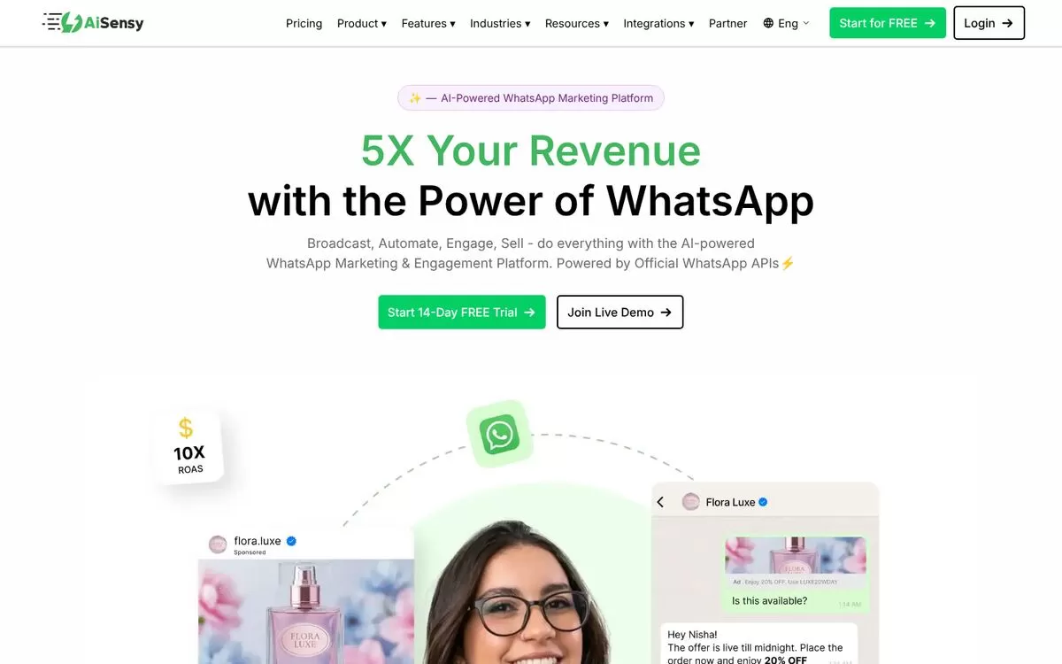AiSensy homepage showing WhatsApp broadcast and engagement platform, one of the best AI WhatsApp marketing tools