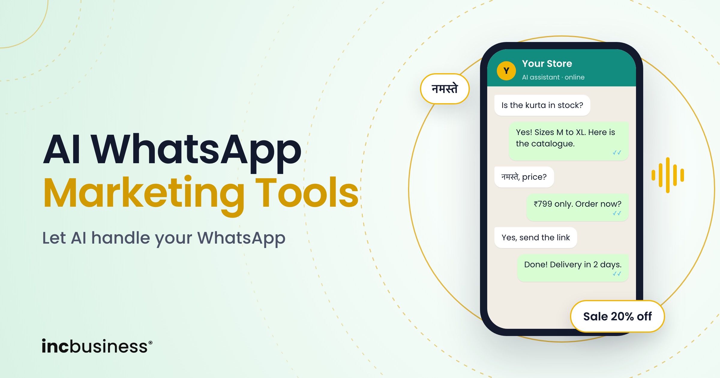 Phone showing a WhatsApp chat with the title Let AI handle your WhatsApp, for a guide to the best AI WhatsApp marketing tools