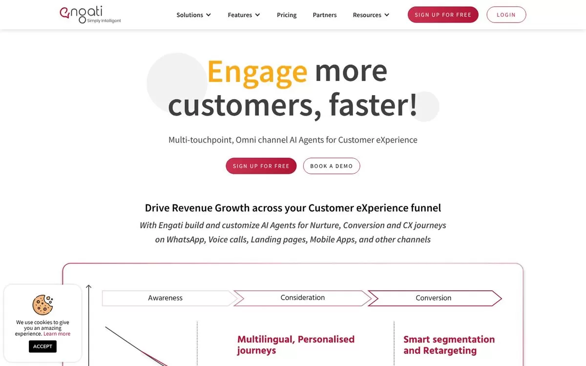 Engati homepage showing multi-channel AI agents for customer engagement, one of the best AI WhatsApp marketing tools