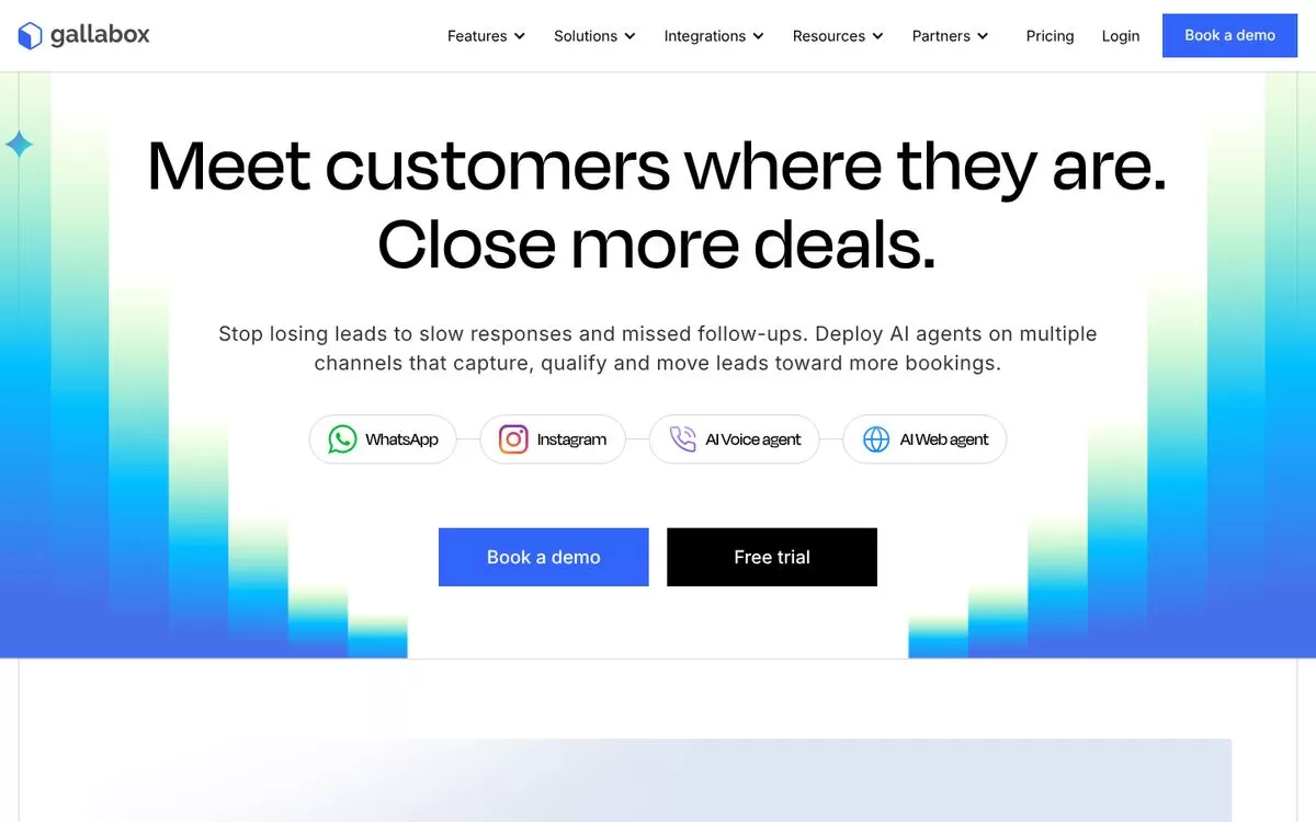 Gallabox homepage showing AI agents for WhatsApp and Instagram, one of the best AI WhatsApp marketing tools