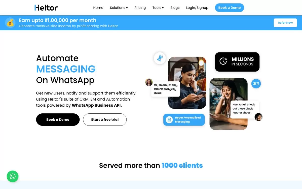 Heltar homepage showing WhatsApp messaging automation, one of the best AI WhatsApp marketing tools