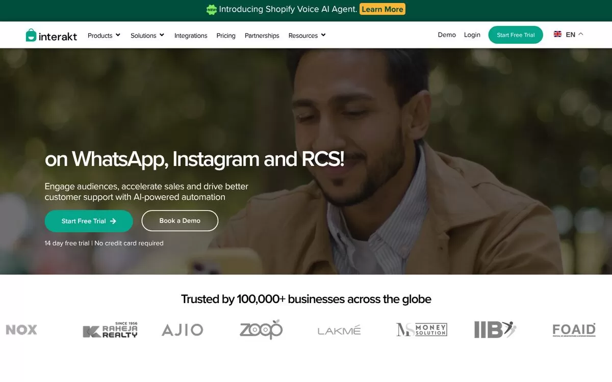 Interakt homepage showing WhatsApp, Instagram and RCS automation, one of the best AI WhatsApp marketing tools