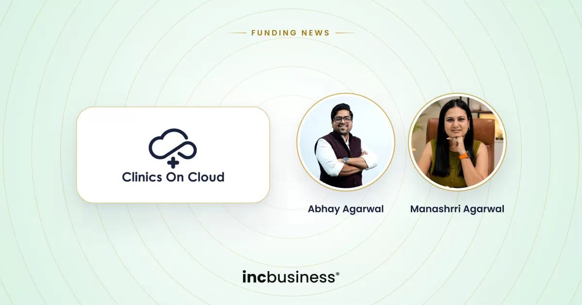 Clinics On Cloud funding: the company logo beside photos of founders Abhay Agarwal and Manashrri Agarwal
