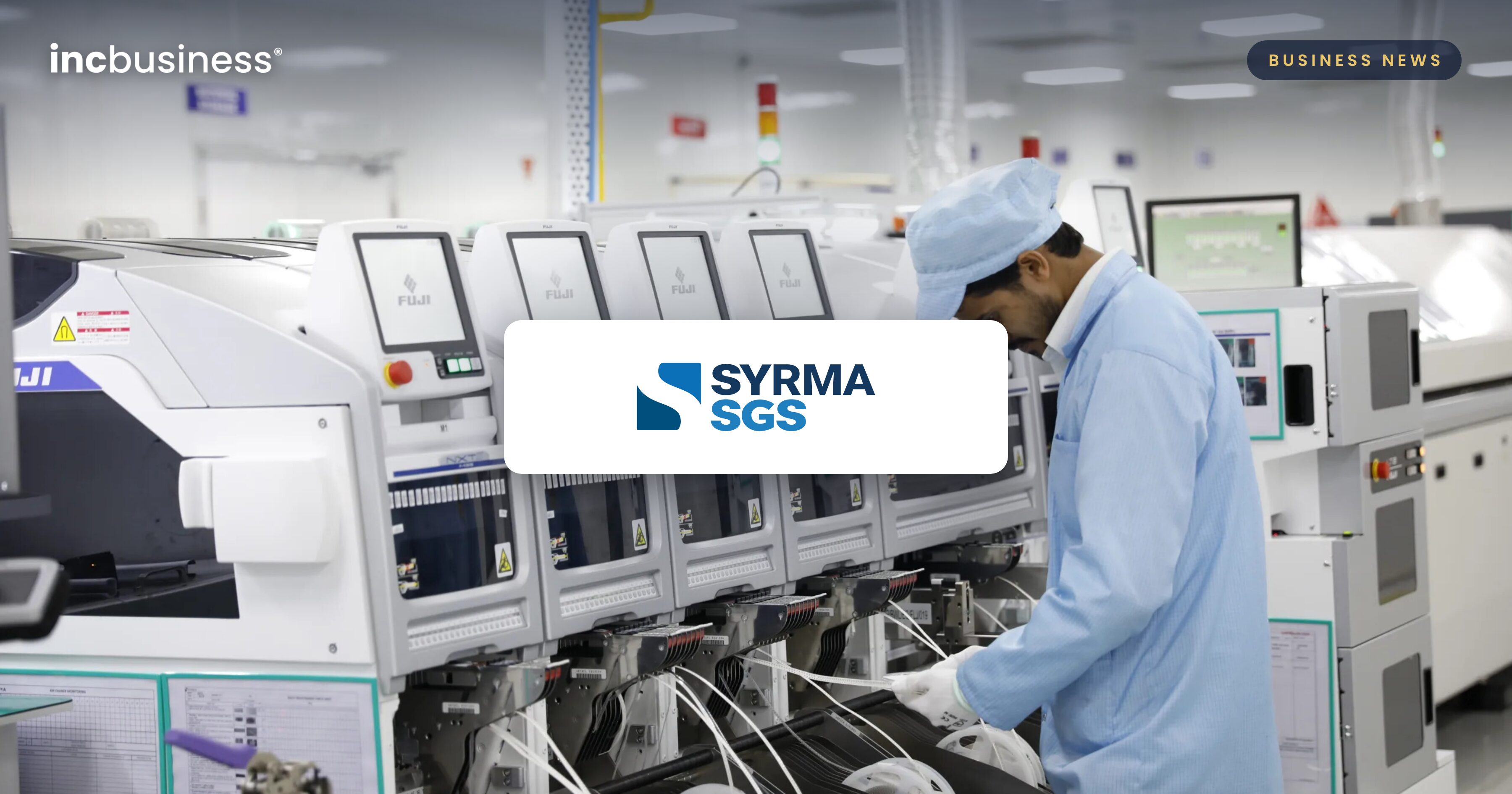 Syrma SGS Technology results: a worker at an electronics assembly line with the Syrma SGS logo