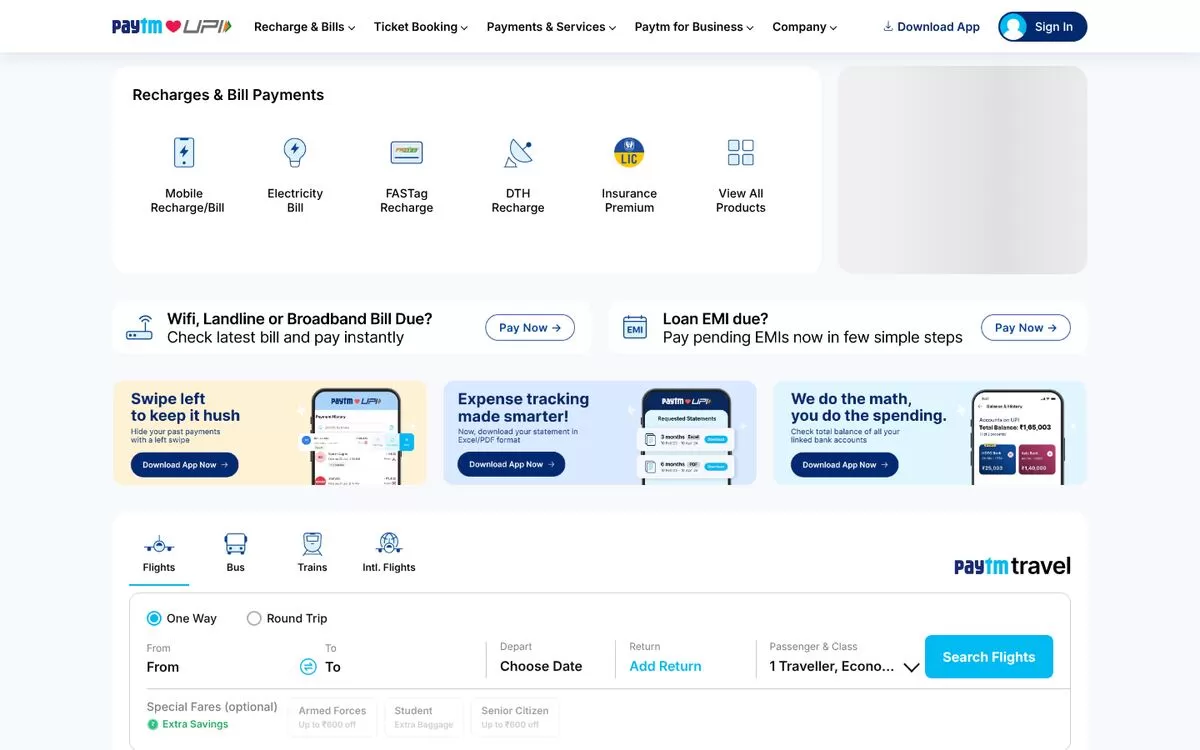Paytm business model shown through the Paytm website with recharges, bills and travel booking