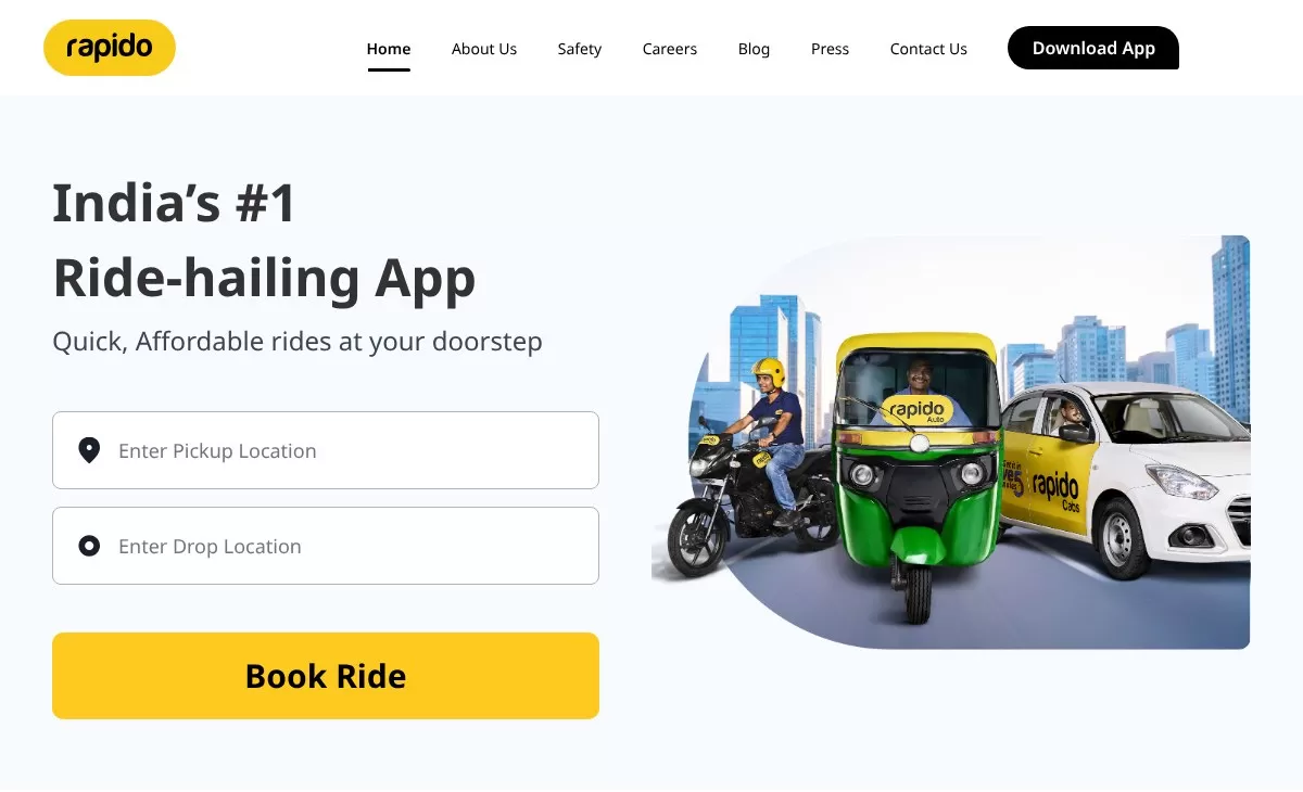 Rapido website home page showing bike, auto and cab rides, one of the best Rapido business model
