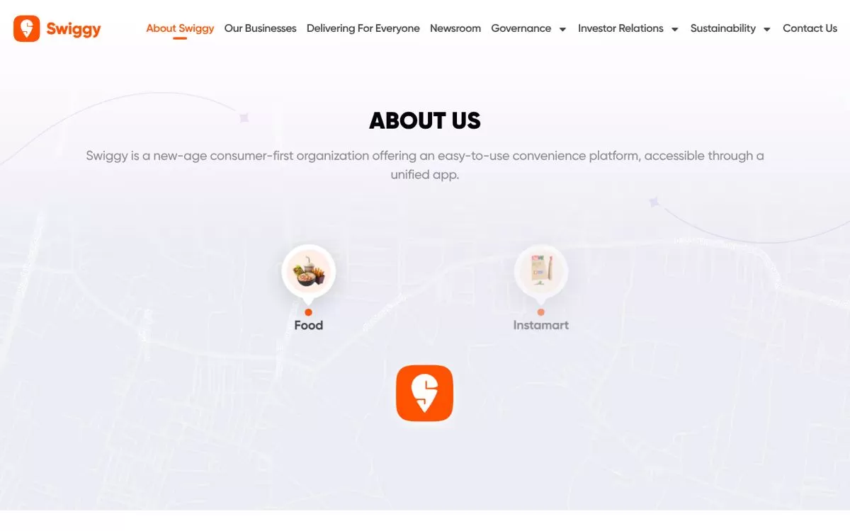 Swiggy business model: the company's corporate website About us page