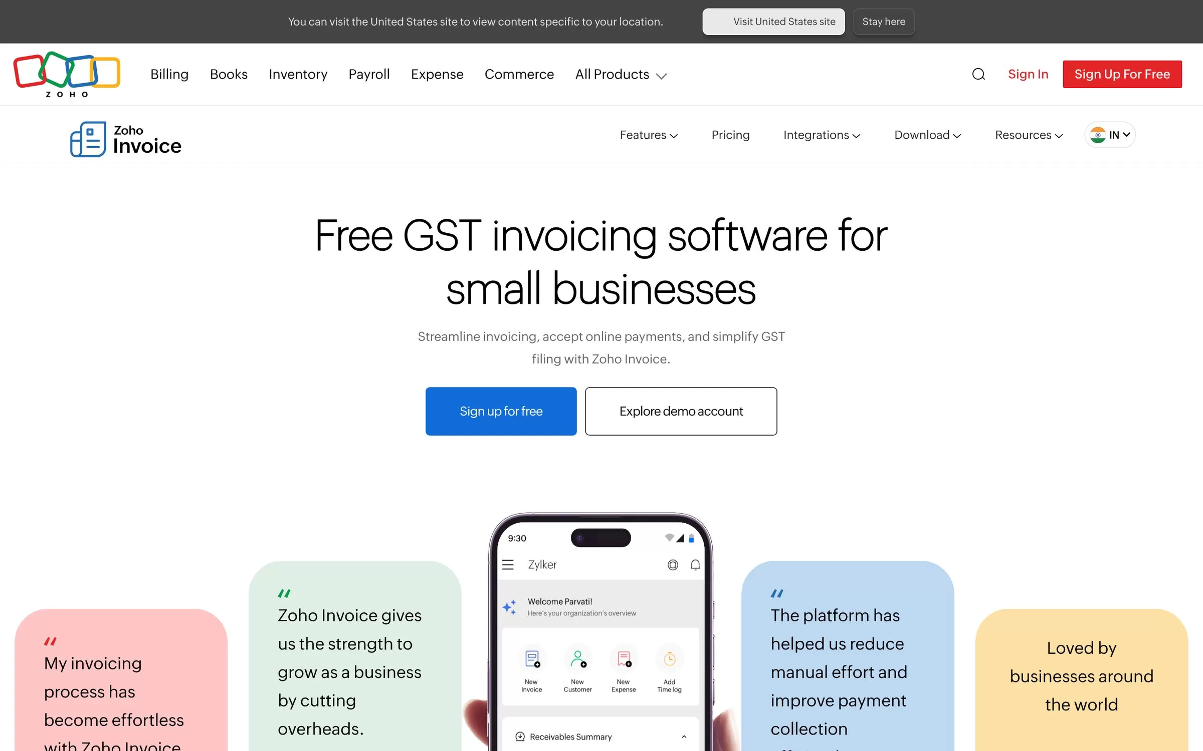Zoho Invoice website