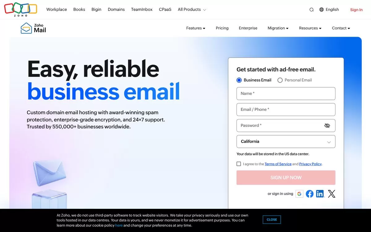 Zoho Mail website
